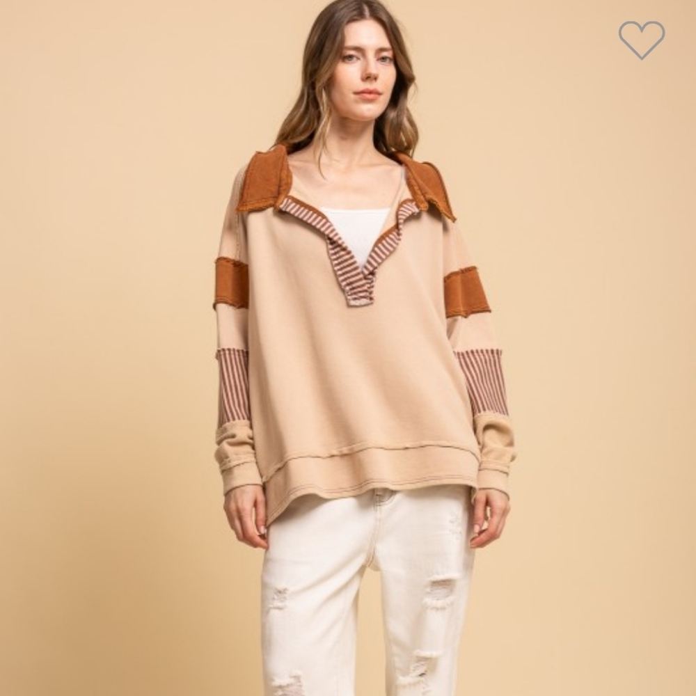Bv89 Taupe Combo Patchwork V Neck Pullover - image 2
